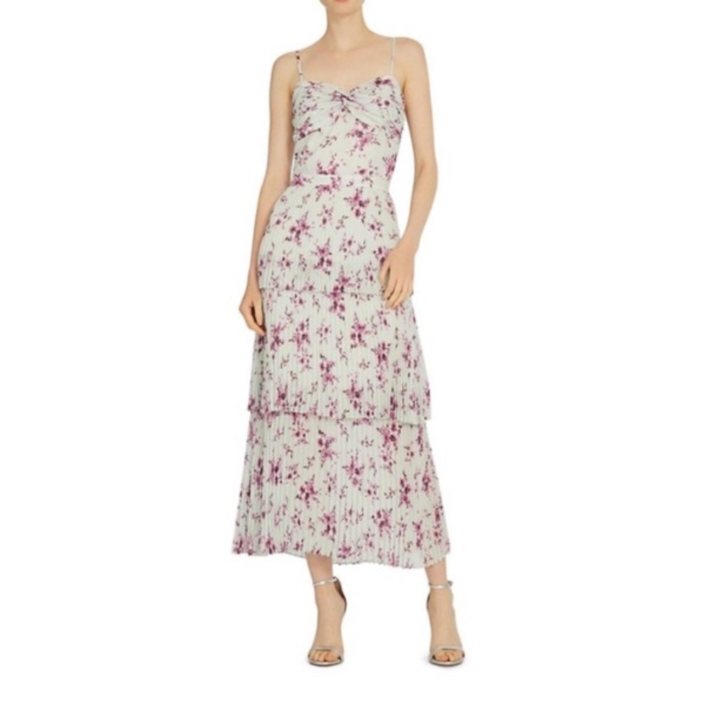 Monique Lhuillier Floral Pleated Tiered Midi Dress